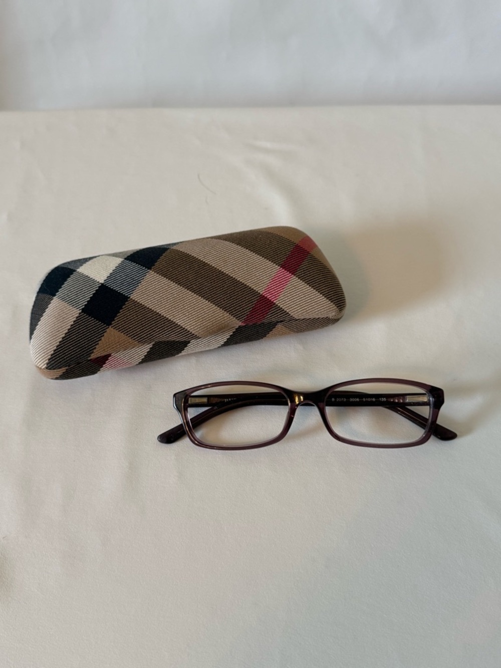 Burberry Brown Plaid Case with Dark Purple Rectangular Glasses